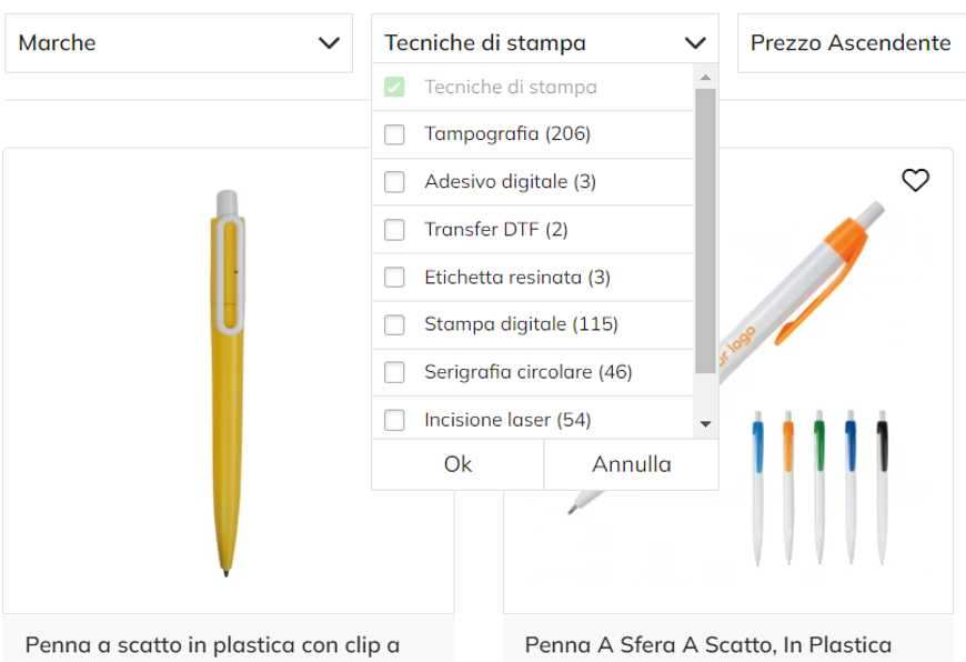 Menù per la scelta della tecnica di stampa per le penne personalizzate | FullGadgets