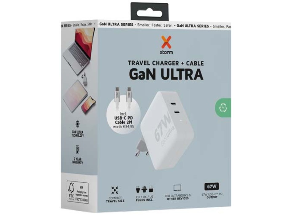 Caricabatterie da viaggio da 67 W con cavo USB-C PD da 100 W Xtorm XVC2067 GaN Ultra FullGadgets.com