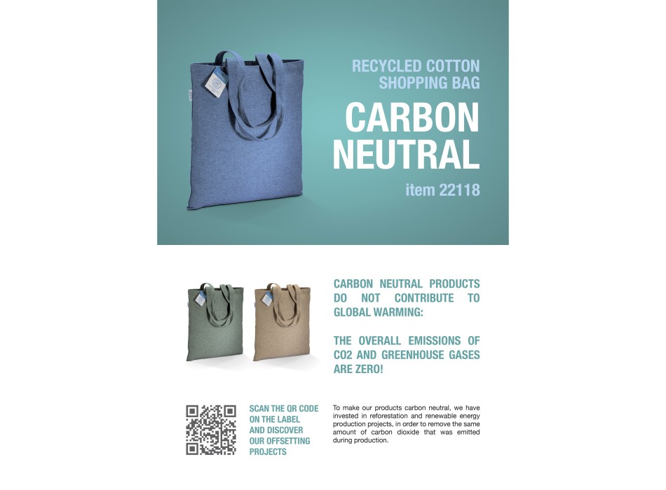 Shopper carbon neutral in cotone riciclato  280 g/m2, manici lunghi FullGadgets.com