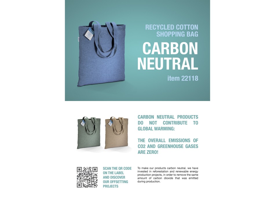 Shopper carbon neutral in cotone riciclato 280 g/m2, manici lunghi e soffietto FullGadgets.com