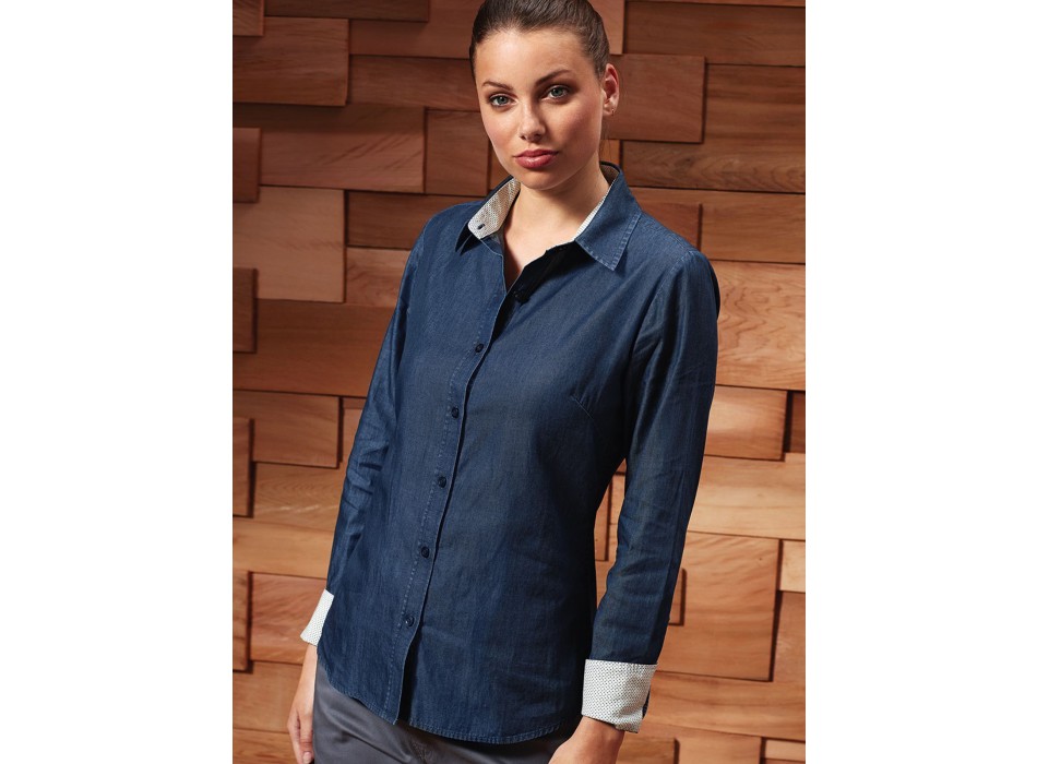 Women's Denim-Pindot Long Sleeve Shirt FullGadgets.com